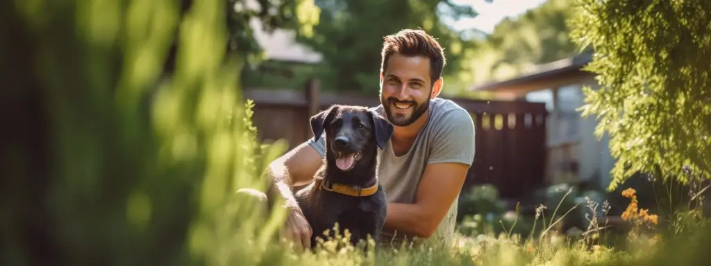 Happy man and his dog outdoors in the summer - Landresort Sewekow