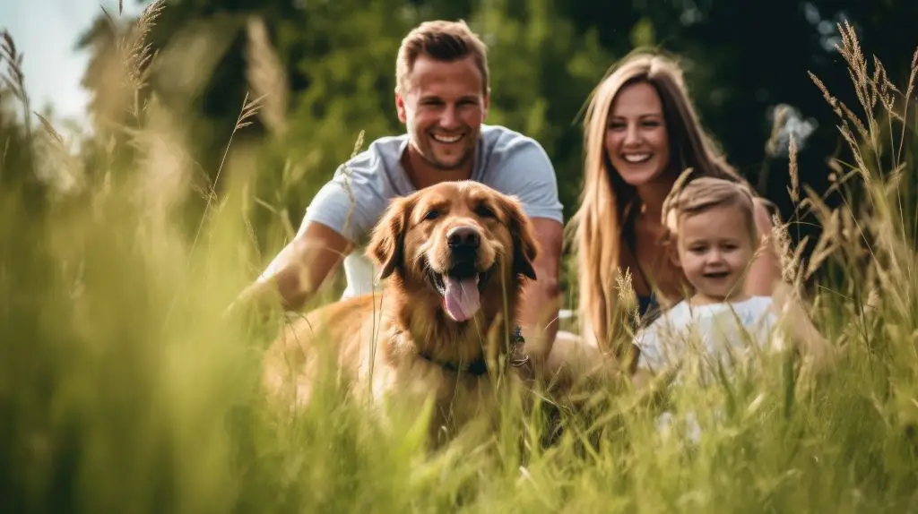 Happy family with dog in nature. Camping, travel, hiking. - Landresort Sewekow